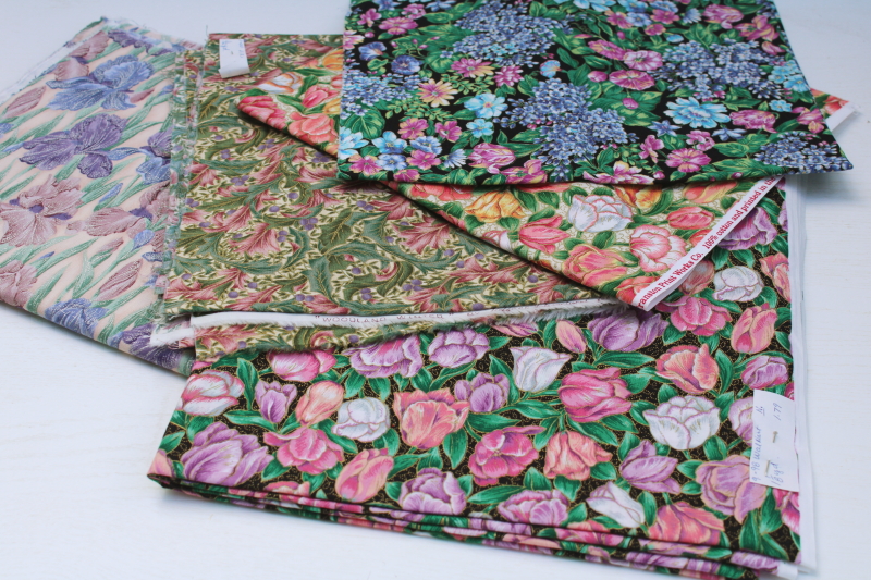 photo of vintage quilting weight cotton fabric lot, florals w/ metallic gold, VIP Cranston tulips etc #1