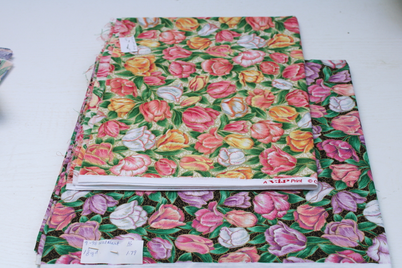 photo of vintage quilting weight cotton fabric lot, florals w/ metallic gold, VIP Cranston tulips etc #2