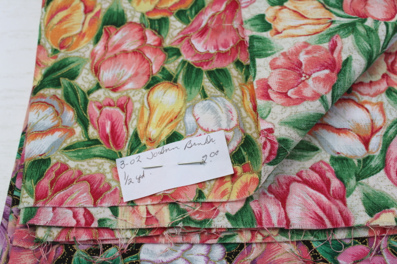 photo of vintage quilting weight cotton fabric lot, florals w/ metallic gold, VIP Cranston tulips etc #3