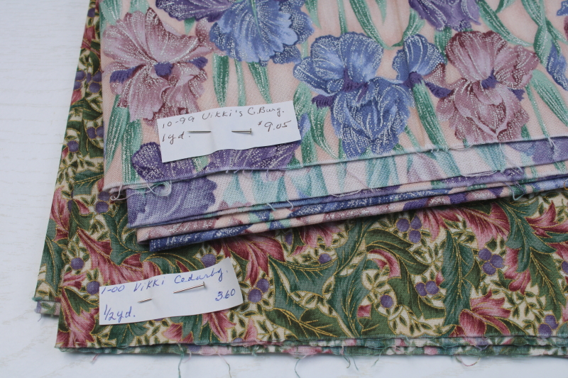 photo of vintage quilting weight cotton fabric lot, florals w/ metallic gold, VIP Cranston tulips etc #6