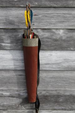 catalog photo of vintage quiver of arrows, old archery equipment assorted Easton arrows, cabin  decor