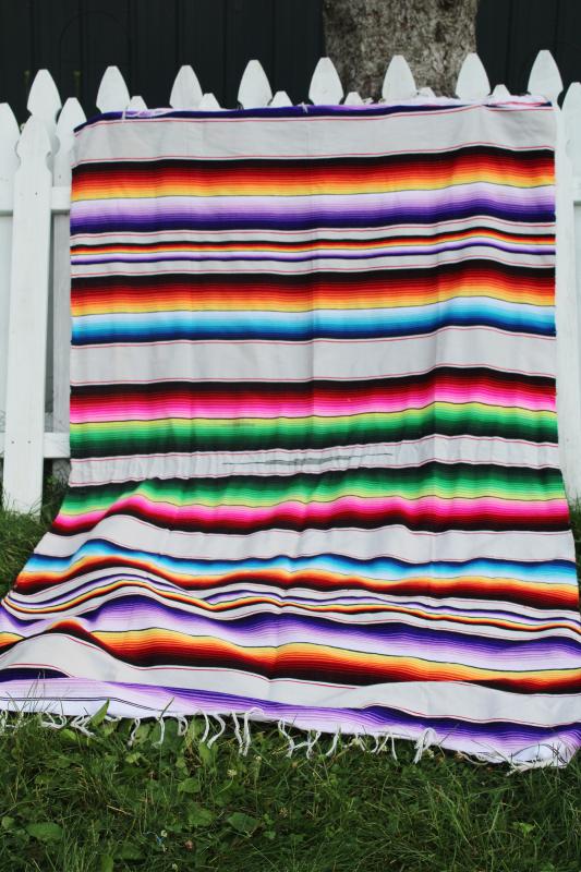 photo of vintage rainbow striped saltillo blanket, hippie drug rug neon bright colors #1