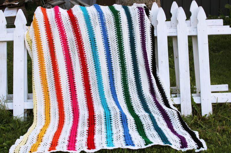 photo of vintage rainbow stripes afghan handmade crochet soft acrylic blanket or throw #1