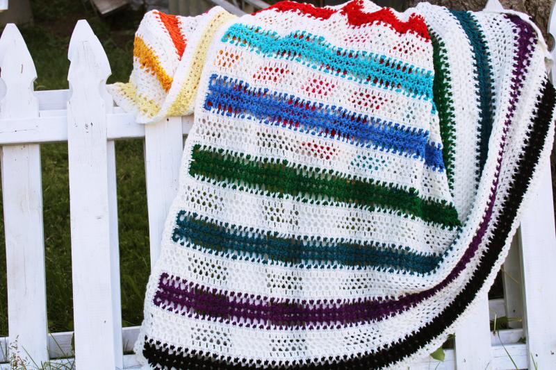 photo of vintage rainbow stripes afghan handmade crochet soft acrylic blanket or throw #3