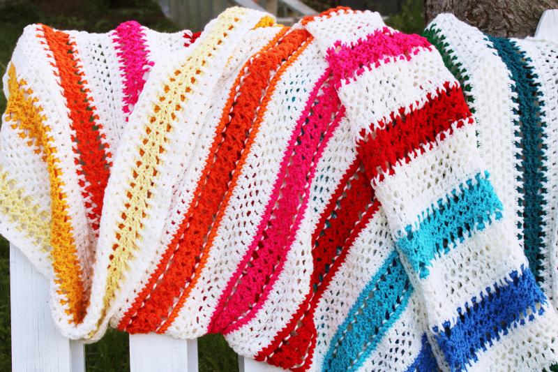 photo of vintage rainbow stripes afghan handmade crochet soft acrylic blanket or throw #4