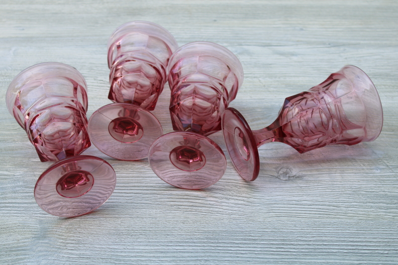 photo of vintage raspberry pink glass water goblets, rose colored chunky wine glasses  #2