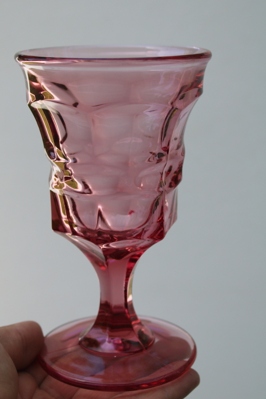 photo of vintage raspberry pink glass water goblets, rose colored chunky wine glasses  #4