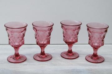 catalog photo of vintage raspberry pink glass water goblets, rose colored chunky wine glasses 