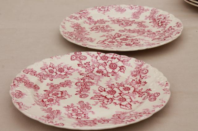 photo of vintage raspberry red chintz floral Taylor Smith Taylor china plates, toile style print #3