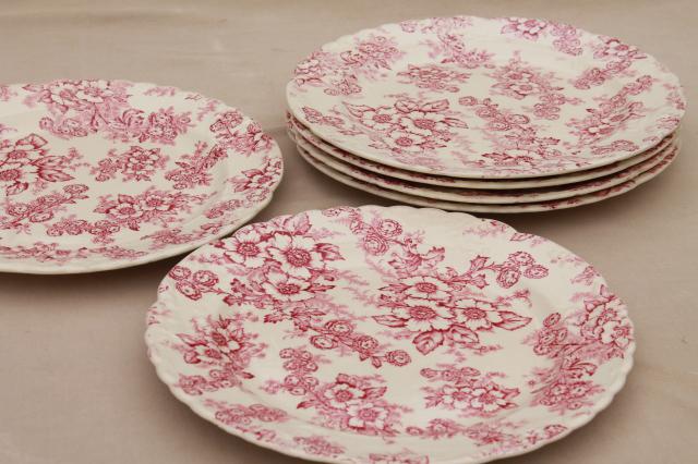 photo of vintage raspberry red chintz floral Taylor Smith Taylor china plates, toile style print #5