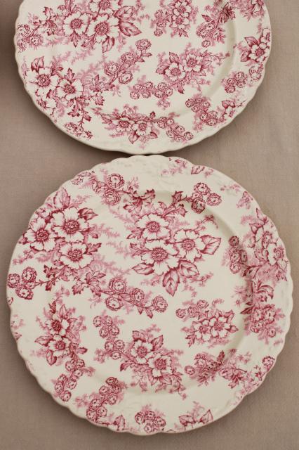 photo of vintage raspberry red chintz floral Taylor Smith Taylor china plates, toile style print #8