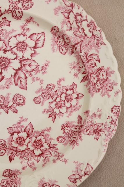 photo of vintage raspberry red chintz floral Taylor Smith Taylor china plates, toile style print #10