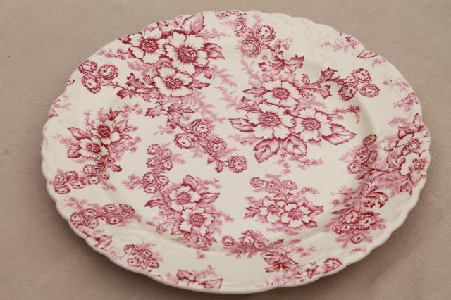 photo of vintage raspberry red chintz floral Taylor Smith Taylor china plates, toile style print #11