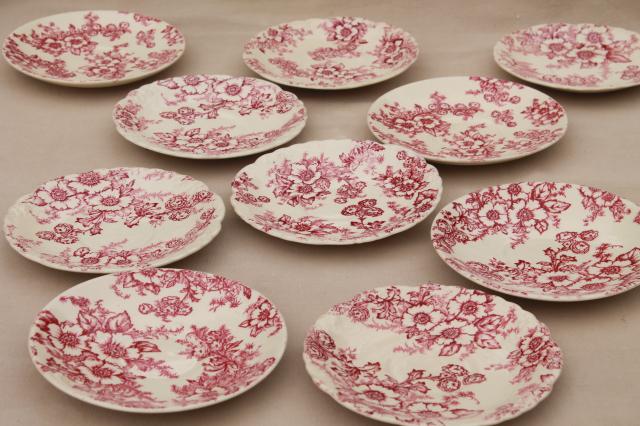 photo of vintage raspberry red chintz floral Taylor Smith Taylor china saucer plates, toile style print #1