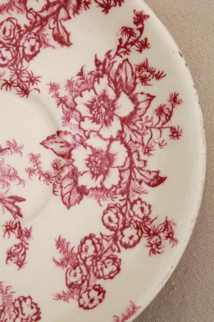 photo of vintage raspberry red chintz floral Taylor Smith Taylor china saucer plates, toile style print #2