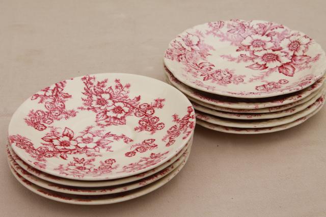 photo of vintage raspberry red chintz floral Taylor Smith Taylor china saucer plates, toile style print #3