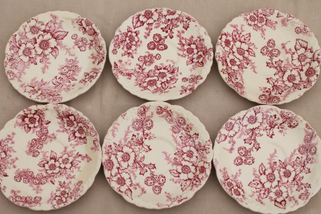 photo of vintage raspberry red chintz floral Taylor Smith Taylor china saucer plates, toile style print #5