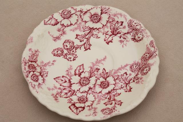 photo of vintage raspberry red chintz floral Taylor Smith Taylor china saucer plates, toile style print #7