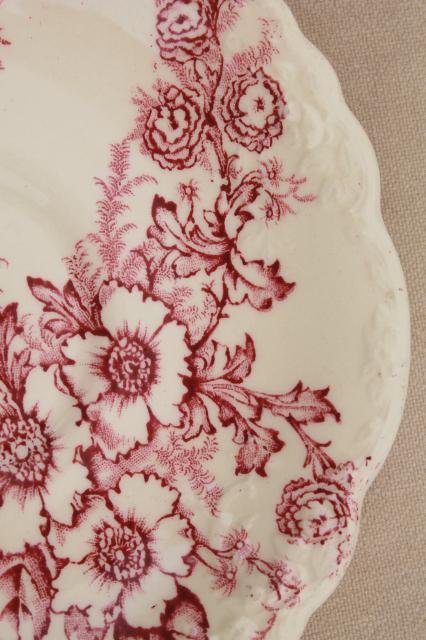 photo of vintage raspberry red chintz floral Taylor Smith Taylor china saucer plates, toile style print #8