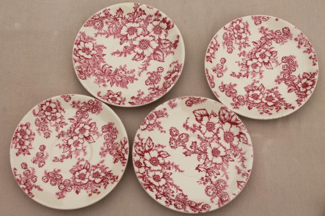 photo of vintage raspberry red chintz floral Taylor Smith Taylor china saucer plates, toile style print #10