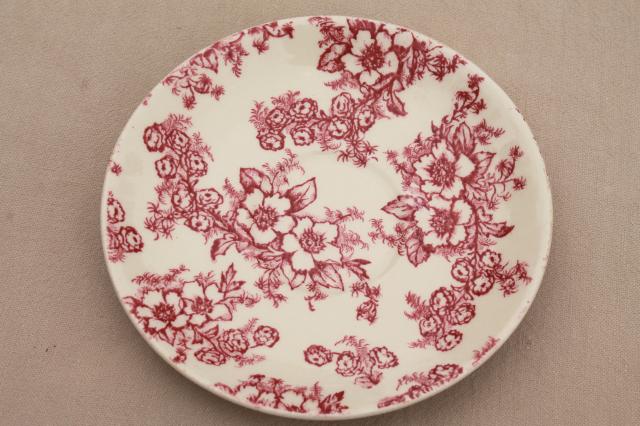 photo of vintage raspberry red chintz floral Taylor Smith Taylor china saucer plates, toile style print #12