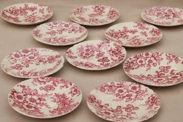 catalog photo of vintage raspberry red chintz floral Taylor Smith Taylor china saucer plates, toile style print