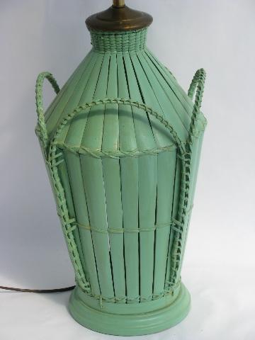 photo of vintage rattan wicker table lamp, pretty jadite green paint #1