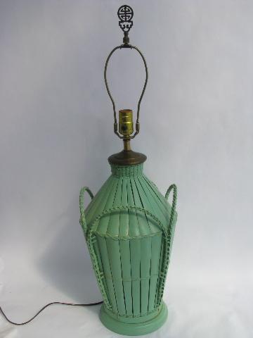 photo of vintage rattan wicker table lamp, pretty jadite green paint #2