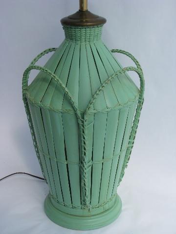 photo of vintage rattan wicker table lamp, pretty jadite green paint #3