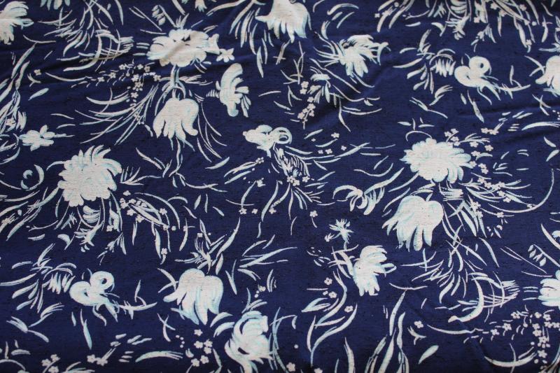 photo of vintage rayon blend heavy crepe fabric, floral print white on navy blue #1