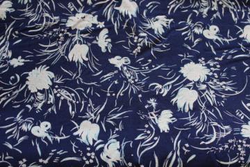 catalog photo of vintage rayon blend heavy crepe fabric, floral print white on navy blue