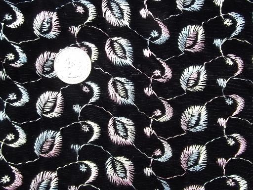 photo of vintage rayon / cotton velvet fabric w/ multi colored embroidery on black #1