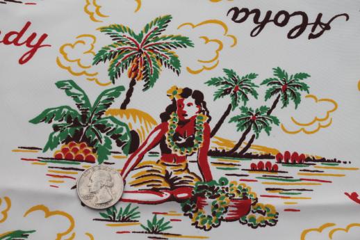 photo of vintage rayon fabric, 40s 50s Hawaiian print fabric w/ surfers & hula girls #2