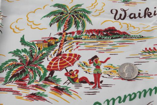 photo of vintage rayon fabric, 40s 50s Hawaiian print fabric w/ surfers & hula girls #3