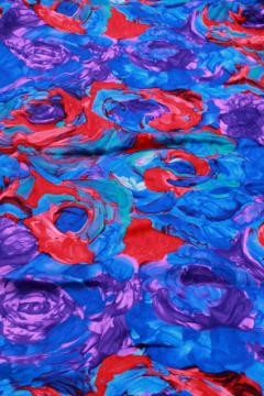 catalog photo of vintage rayon fabric w/ abstract floral print, vivid purple, blue & red