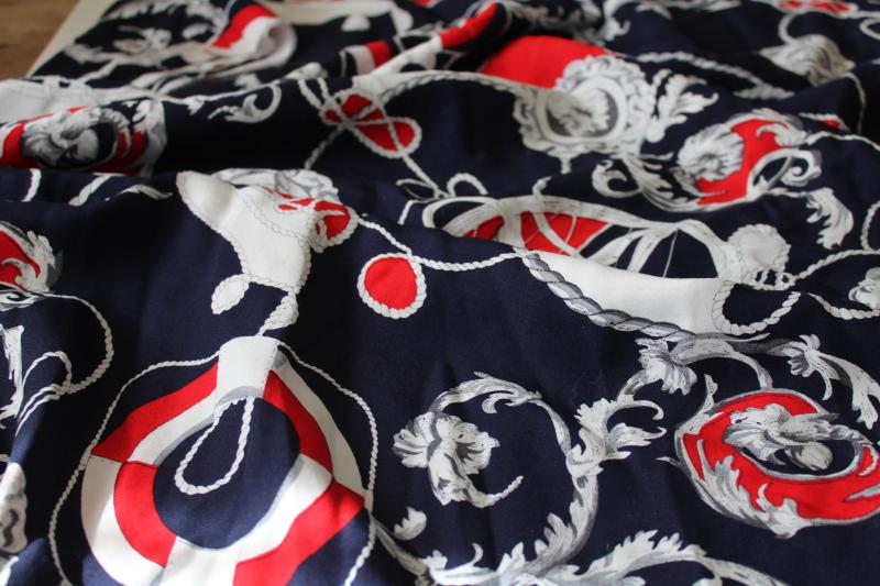 photo of vintage rayon fabric, antique ornate french style nautical print red on navy blue #1