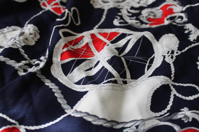 photo of vintage rayon fabric, antique ornate french style nautical print red on navy blue #2