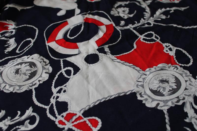 photo of vintage rayon fabric, antique ornate french style nautical print red on navy blue #3