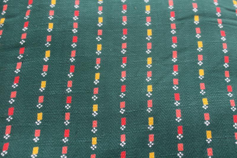 photo of vintage rayon fabric, soft heavy drape herringbone weave green w/ coral, red, yellow #1