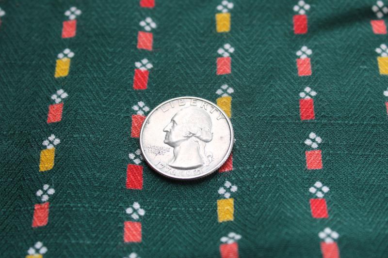 photo of vintage rayon fabric, soft heavy drape herringbone weave green w/ coral, red, yellow #4
