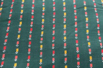 catalog photo of vintage rayon fabric, soft heavy drape herringbone weave green w/ coral, red, yellow