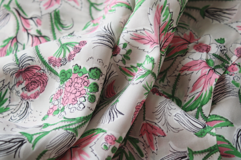 photo of vintage rayon georgette fabric, silky dress or shirt material pink & green floral on gray #4