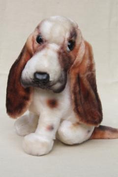 catalog photo of vintage rayon mohair plush stuffed animal toy Basset hound dog w/ long floppy ears