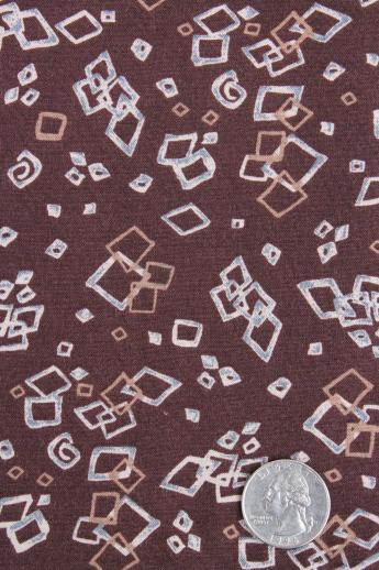 photo of vintage rayon or rayon blend fabric, mod abstract floating squares print on brown #1