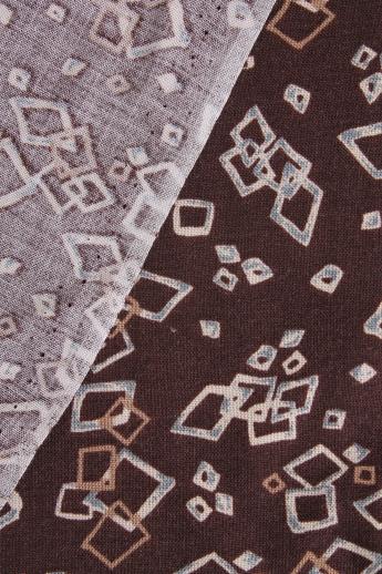 photo of vintage rayon or rayon blend fabric, mod abstract floating squares print on brown #4