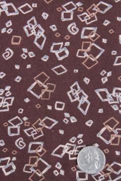 catalog photo of vintage rayon or rayon blend fabric, mod abstract floating squares print on brown