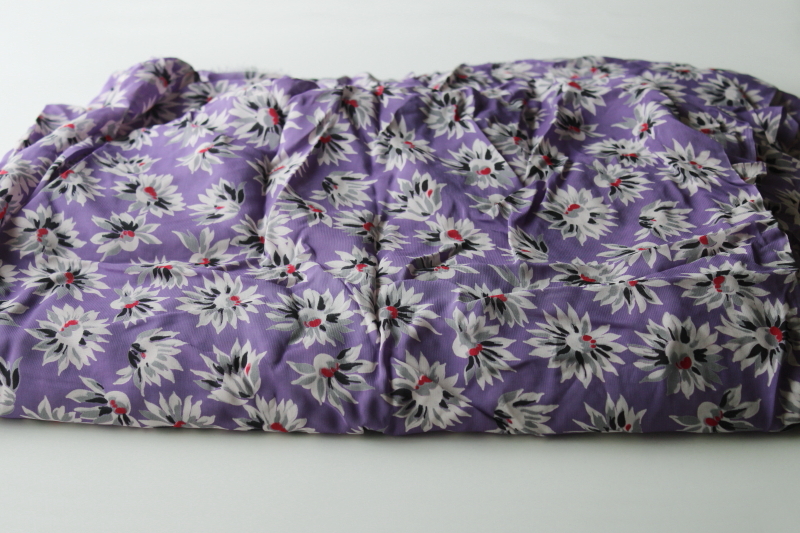 photo of vintage rayon or silk look fabric, silky poly w/ black gray white floral on lilac purple #1