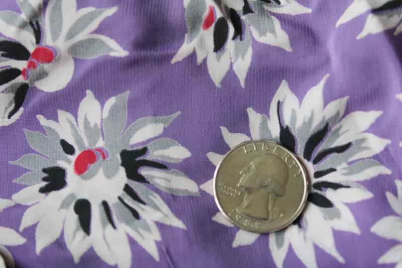 photo of vintage rayon or silk look fabric, silky poly w/ black gray white floral on lilac purple #4