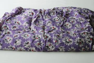 catalog photo of vintage rayon or silk look fabric, silky poly w/ black gray white floral on lilac purple