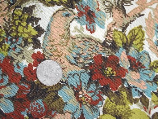 photo of vintage rayon taffeta fabric, large birds fruit flowers print on white #2